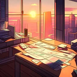 morning sunrise office with papers on the floor and on the desk view from a high floor in a skyscraper cartoon vampire world