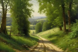 Peder Mork Monsted style,Hungary, Fenyőfő, forest dirt road, Bakony in the distance, summer
