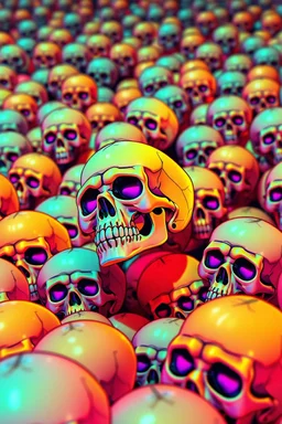 a field of 1000s of cartoonish, anatomically correct, skulls, vivid RANDOM BRIGHT neon colors, dark comedy, well lit, high detail, photorealistic, horrorcore, fun, scary, none featured, each a different color or hue,