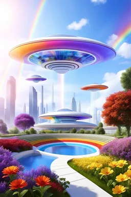 colors, very beautiful, ,flowers, garden,rainbows, cité futuriste ultra moderne, ufos very beautiful over class