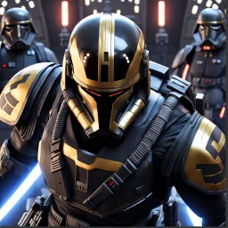 star wars bald male corellian pilot wearing pearlescent black and gunmetal grey First Order special forces heavy assault stealth commando armor and helmet with gold trim inside the jedi temple, hyperdetailed, dynamic lighting, hyperdetailed background, 8k resolution, volumetric lighting, light skin, fully symmetric details