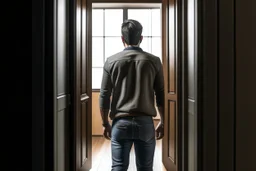 man in jeans and a shirt, back to the camera, standing in a row of doors, looking out through a doorway