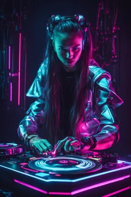 Cyborg Girl playing turntable dj pleyer in a dark neon room