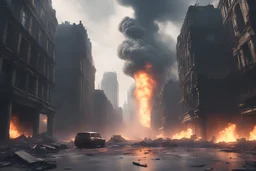 A postapocalyptic ruined london, destroyed buildings, destroyed roads, blown up skyscrapers, the concept of the apocalypse, fires and smoke, cinematic, unreal engine, WLOP, 4K UHD image, octane render, very intricated details