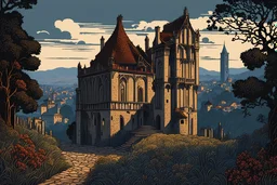 museum quality color woodcut landscape of a dark and foreboding medieval Italian tower house inhabited by vampires, with highly detailed stonework in 10th century Florence , thickly veiled in dense ground mist , in the style of Gustave Baumann, with a fine art aesthetic, highly detailed, finely cut ,8k render,