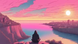 In the left corner A guy in a black hoodie sitting and smocking on a sea cliff in front of a city with , in a sunrise. view from behind. Arcane french animation style. bright pink and yellow