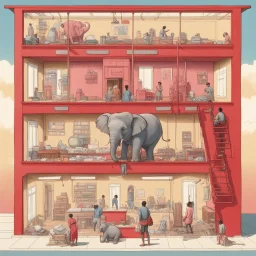 A vertical cross section of a multi-story building showing various rooms and inhabitants, including a person in a red shirt reading at a desk, another person dressed in pink washing clothes, and an elephant in a room with a red wall, with a sky sunny outside