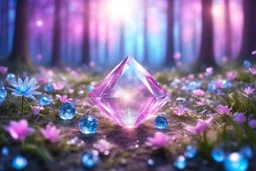 magic brightness diamon in a magic blue and pink lawn in a fairy forest, with lightness sky