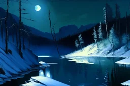 night, moon, people, pine trees, vegetation, river, ice, winter, mountains, edouard manet painting