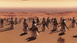 desert, highly detailed, comic style warriors from behind, in the background far away a highly detailed cdesert city