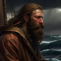 The lanky brown long haired bearded deckhand "Simon Lionguard" looking out at a stormy sea realistic grimdark