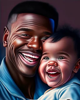 Papá feliz sonriente con su bebé mirándolo a los ojos felíz cuerpo completo colores contrastantes obra de arte arte digital impactante detallado piel trigueña ojos negros pelo negro hiperrealista 8k coherente