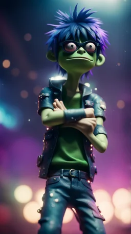 Murdoc from Gorillaz looking flying through space glittering dust with arms folded on stage,bokeh like f/0.8, tilt-shift lens 8k, high detail, smooth render, down-light, unreal engine, prize winning