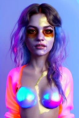 Ultra Realistic image, Rosalía artist, smile portrait, waist up portrait, long black eye line, sweet face, gold pink and blue geisha style, spray glow make up, led lights, neon, led piercing nose, led ornament, fog, bubble latex coat, vibrant color, highly detailed, art stations, concept art, smooth, unreal engine 5, god rays, ray tracing, RTX, lumen lighting, ultra detail, volumetric lighting, 3d, finely drawn, high definition, high resolution.