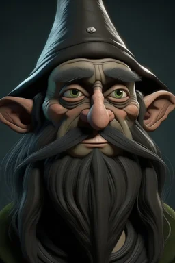 Portrait of a male gnome with long raven hair, small, intelligent eyes, small, angular face, aquiline nose,