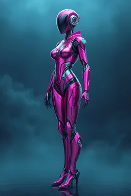 Hyper-realistic full-body 3D surreal digital painting of a female humanoid droid mechanic standing upright, perfect full-body proportions, elegant futuristic design, highly detailed mechanical anatomy with refined joints and precision engineering, sleek magenta metallic armor with subtle wear and realistic reflections, diamond-like crystalline accents integrated into the body design, cinematic pose showing full silhouette from head to feet, rich deep teal atmospheric background, soft volumetric
