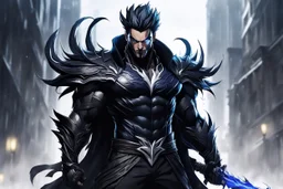 venom machine in 8k solo leveling shadow drawing style, yasuo costume, yasuo hair, rain, highly detailed, high details, detailed portrait, masterpiece,ultra detailed, ultra quality