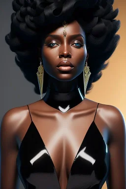 A portrait of a beautiful curvaceous black woman with long black hair, wearing a black dress with a deep v neck, wizard, magical, ethereal, intricate, sharp realistic lighting. Concept art by wlop. Ultra quality 8k.