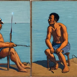 homme entrain de pêcher, vue éloigné et de coté, position assise