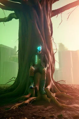 Cyberpunk theme, portrait of Oak tree roots holding man inside, misty sunny day, close-up portrait, symbios