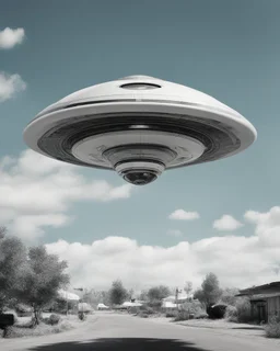 Design a retro futuristic, UFO hovering in a clear blue daytime, photorealism, surrealism, black and white photography, analog film, highly detailed