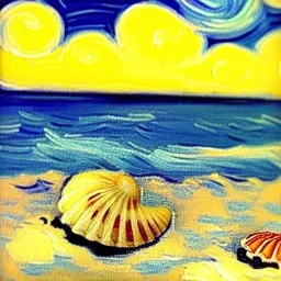 conchas en la orilla de la playa con nubes con estilo de Van Gogh