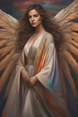 Young woman angel, lovely face, Dark brown eyes, elegant coat, ashen medium hair, colorful wings, outdoors, realism, dynamic lighting hyperdetailed intricately detailed photo triadic colors