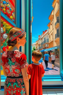 Neoclassicism mother and looking at a shopwindow distend zoom out realistic cote d'azur colorfull