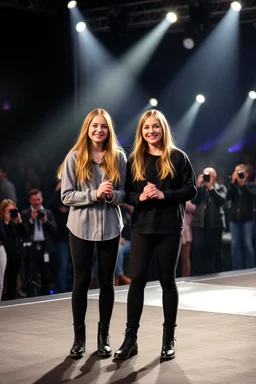 Norwegian Identical teenage twins celebrites, same sex gender standing on a stage with holding their hands, lot of photographers, flashing lights, identical twins with same sex gender, Identical twins, Celebrites