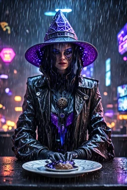 sacred geometry framed dinner plate, black, blue and purple noen cyber punk dancer thief in soaked rain coat and cowboy witch hat shadows boss card in the style of Giger and fallout 4 ,,bokeh like f/0.8, tilt-shift lens 8k, high detail, smooth render, down-light, unreal engine