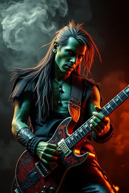 A rock star playing the guitar, looking at you green skin, smoke in the background , scales, unreal engine 6, high detail, intricate, cinematic. photoshoot style, intricate, studio lighting, masterpiece , highly detailed, 8k, best quality, fire, smoke, dramatic,d,<lora:mshn:0.7>,<lyco:Warrior_Couture:0.5>,