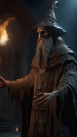 Busch painting style nightmare, a zoomed view of a wizard standing in a 3d rendering full-height image of a grim and dark scene. Ensure the final images exhibit the utmost quality, with the play of a torch-lit dungeon encompassing 4K, 8K, and 64K resolutions, with 3D rendering that manifests in photorealistic, hyperrealistic, and highly detailed representations. Employ techniques such as HDR, UHD,