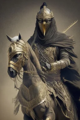 Arab warrior Full Body Full Armored Wearing Face Mask Iron Masculine Mysterious Powerful Fantasy High Quality Carrying his bow Golden clothes His horse behind him