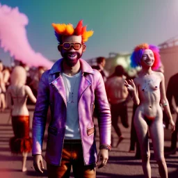 Ultra Realistic photo, medium shot view, drunken dancer naked man, carnival scene, monster hair, steampunk. Red hair, confeti, Sunglasses, smile, happy, festival, ovnis, gradient color fog. highly detailed, concept art, unreal engine 5, ray tracing, RTX, lumen lighting, ultra detail, volumetric lighting, 3d, finely drawn, high definition, high resolution.