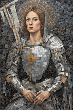 Portrait Art **Featured Art:** The Fractured Icon: Joan's portrait shattered into mosaic pieces. Each shard reflects a different aspect: warrior leading the charge, visionary gazing into the heavens, prisoner shackled, martyr burning on the pyre. The pieces, while fractured, form a strong, unified whole. **Appearance:** evocative portrait concepts of Joan of Arc (an French woman patron saint of France, honored as a defender of the French nation for her role in the siege of Orléans and her insist