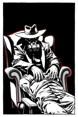 western styles man with hat (wide flat brim flat top) shading face, wearing a gas-mask, sitting forward on a wingback chair while leaning in to intimidate a man tied to a chair, vignette, black and white graphic novel style with a red outline on black background, gothic horror