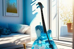 A lovely clear transparent resin guitar with forget-me-not design in a modern room in sunshine