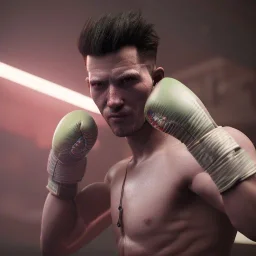 Cyberpunk Man boxing in the ring unreal 5, octane render,cinema4d, dynamic lighting, 8k, redshift render, highly, hyperrealism ultra detailed, hyper realistic.