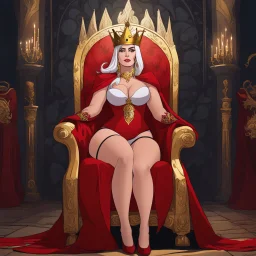 [Disenchantment] buxom queen Dagmar on her throne in agent provocative, ready with her gold crown, red cape,