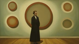 Woman in front of a wall with several circular holes of different sizes, painting by René Magritte, surrealism by Francis Bacon, Greg Rutkowski and Mark Rothko. Painting by Lucian Freud. photorealistic with a palette of a mixed media, very brutal, surreal, symmetrical