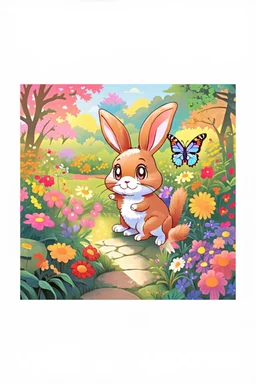 The cute bunny looks in awe at a striking purple butterfly flying by,colorful garden background , child book illustration style, faces must be the same as reference image