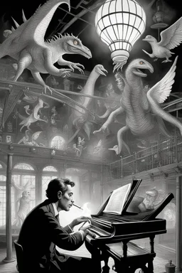 close up on face of comic news paper journalist horror harlequin playing burning piano smoking as geese dinosaur reptiles in very bright light bulb factory on the bridge train station with twisted ladders with the most a confused look on his face in front of a huge glass prism clock with angels crawl in from the dark shadows, in the style of Escher and Dali and Cthulhu