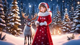 (FrostedStyle, SnowStyle, AuroraStyle:0.3), cute girl wearing red Christmas dress is hugging small reindeer, (snowy forest, moonlight, Christmas trees), (sparkles, sparkling clothes, sparkling eyes),