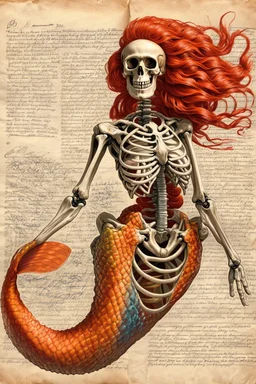 captivating anatomical illustration of a humanoid skeleton fused with a mermaid's tail, set against a vintage paper backdrop. The skeletal structure is intricately detailed, with exposed muscles and tendons, while the mermaid's tail is brilliantly colored in reds and oranges. Handwritten notes and sketches in an old-world script adorn the paper, hi