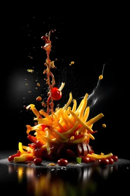 Capture dynamic splashes of food in flying food photography” with fries as the main subject, featuring splashes of toppings and seasonings, including splashes explose of ketchup and splshes of fire . Use high-speed photography for a photorealistic surreal style, with a black background and a clean, minimalist backdrop. Include the table, the steam, the fire behind. Create 3 advertising posters with professional-quality color grading, studio lighting, border lights,Post to 1200px, Behance and thi