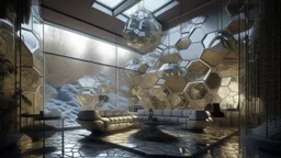 A futuristic glass living room, designed by Lebbeus Woods, intricate hexagons
