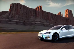 A Tesla 'Model S' is parked, near the 'Devils Tower' in Wyoming. (CINEMATIC, WIDE ANGLE LENS, PHOTO REAL)