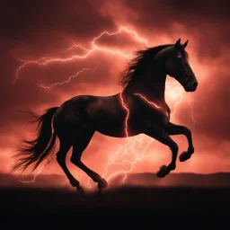 full silhouette of a horse rearing up(outlined by lighting), plus red sky with lightning and electricity traveling through background