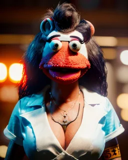 hybrid character, waitress sexy woman with monster muppet mask that covers her entire head, short shirt, tray, beer, old school tattoo, retro style, Sesame Street style, hot, smooth, unreal engine 5, god lights, ray tracing, RTX, lumen lighting, ultra detail, volumetric lighting, 3d.