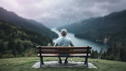 back to the camera on a beautiful amorph bench a figure sittings in pale gray t-shirt , beautiful blure landscape with deep green blure forests and overlooking the water of the nearby lake, calm, harmonious atmosphere, muted dark colors, purple, white, gray, green, blue, brown, silver, and pale colors, ,not too colorful colors, Whimsical style and giant stunning fade neuron network all over the sky, half shadow and half light picture, surreal stunning vibe